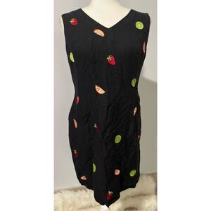 Jillian Jones black dress fruit embroidered print 8 linen blend very nice